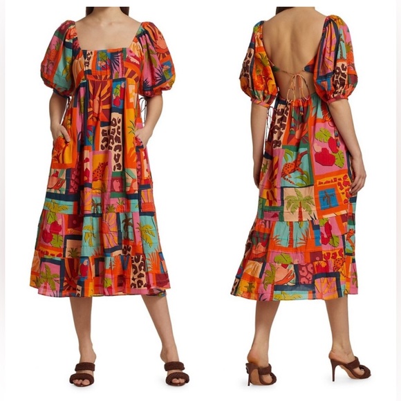 FARM Rio Dresses & Skirts - FARM RIO Anthropologie Tropical Collage Open Back Midi Dress Resort Wear Small